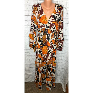 Melloday Tiered Satin V Neck Maxi Dress Sz XL in Brown Orange Floral